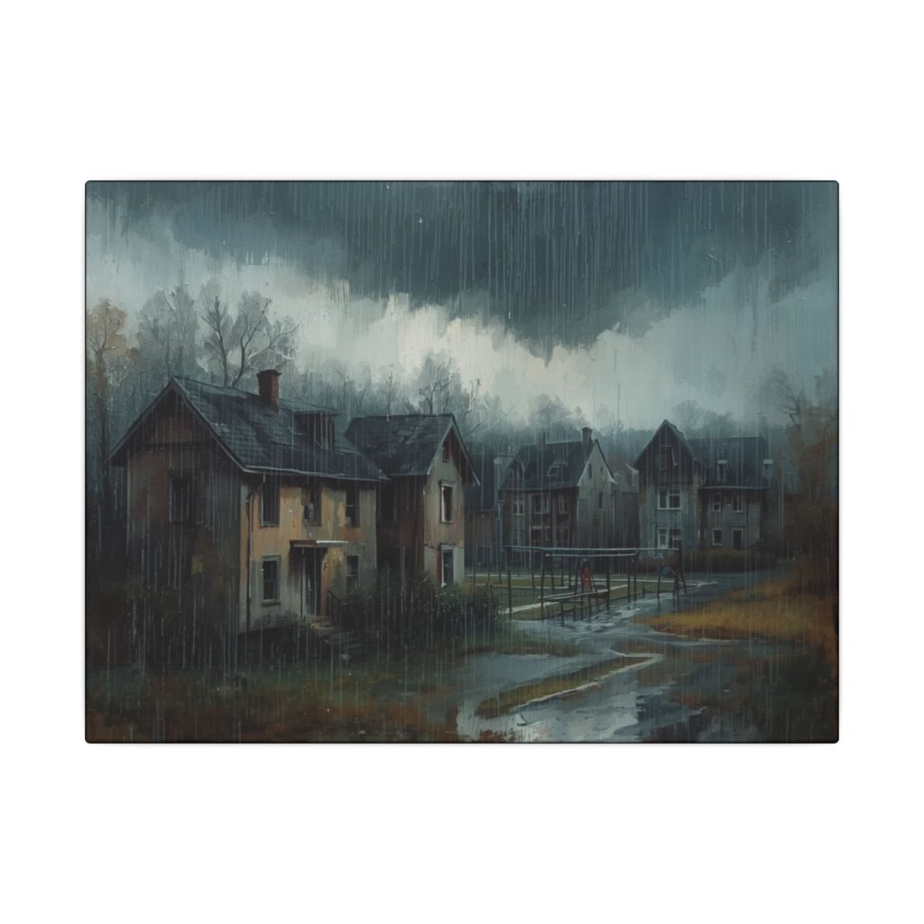 Impressionist, Rainy Village Landscape, Matte Canvas 12x9"