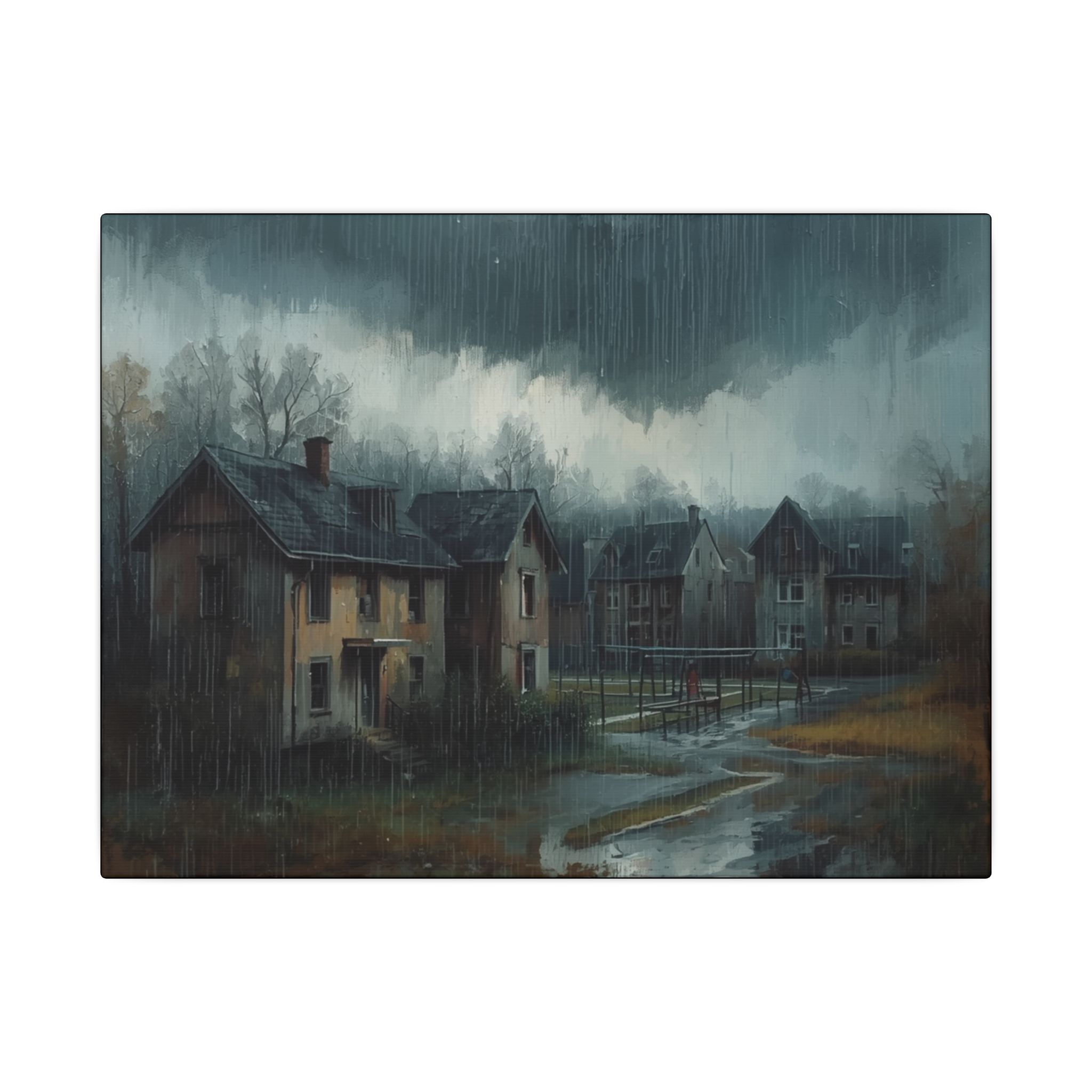 Impressionist, Rainy Village Landscape, Matte Canvas 12x9"