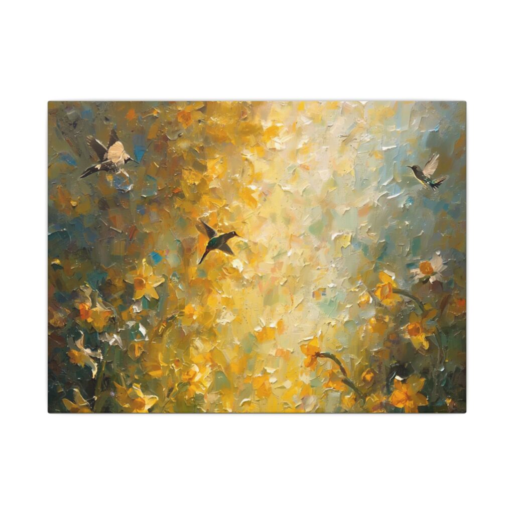 Impressionist, Birds in Golden Wildflowers, Matte Canvas 12x9"