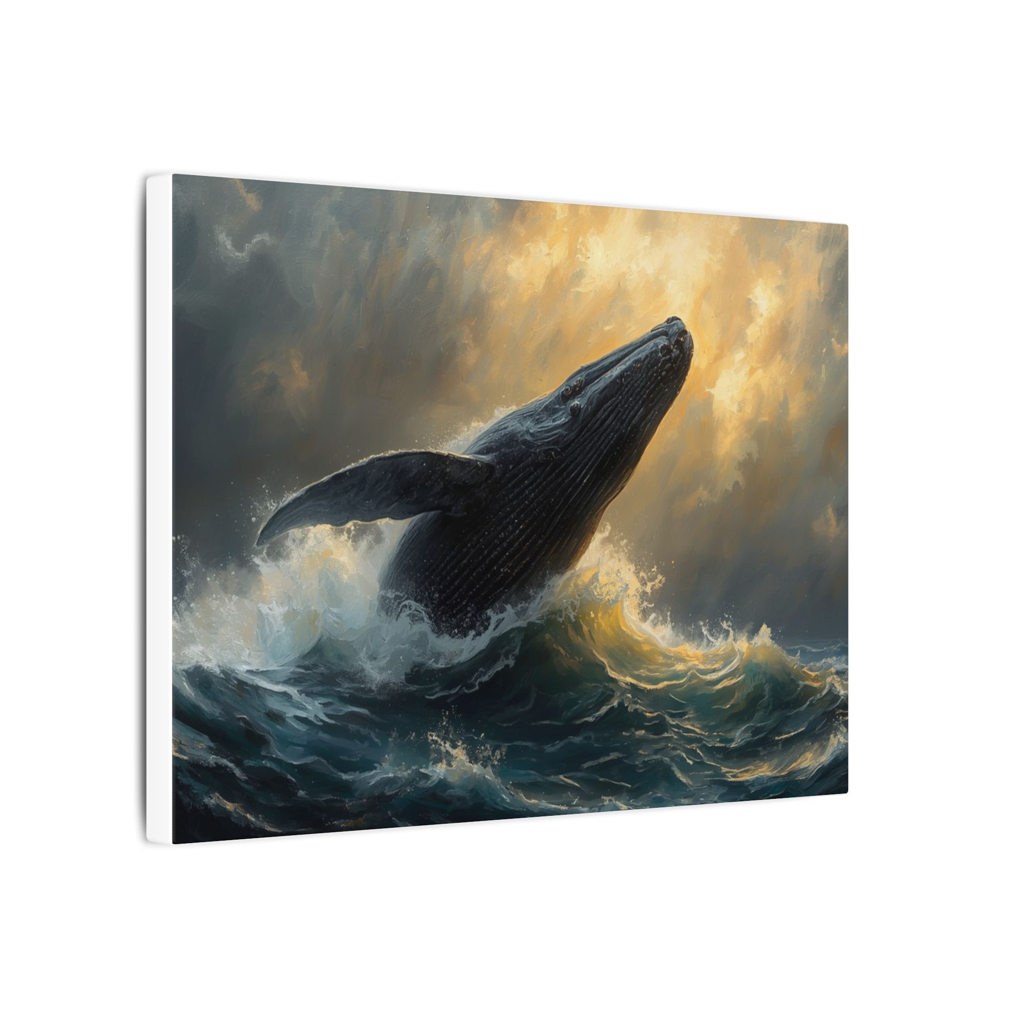 Impressionist whale and storm waves on matte canvas