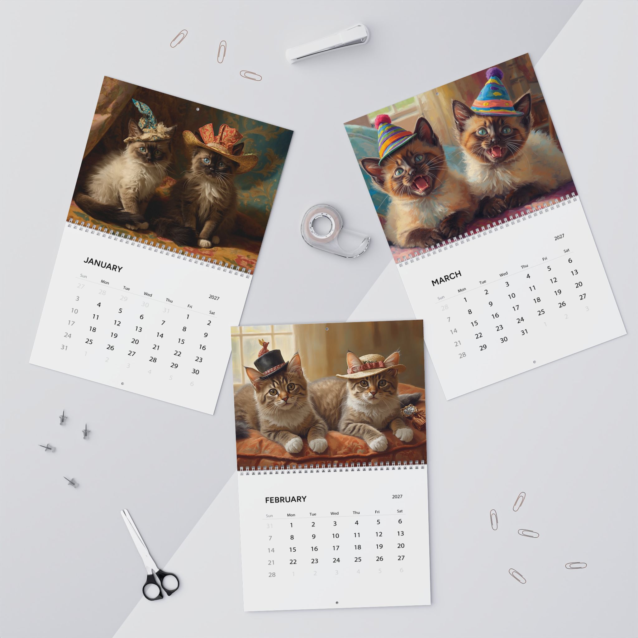 2027 Kitten's in Hats - Wall Calendar – Whimsical Feline Art Calendar - Image 3