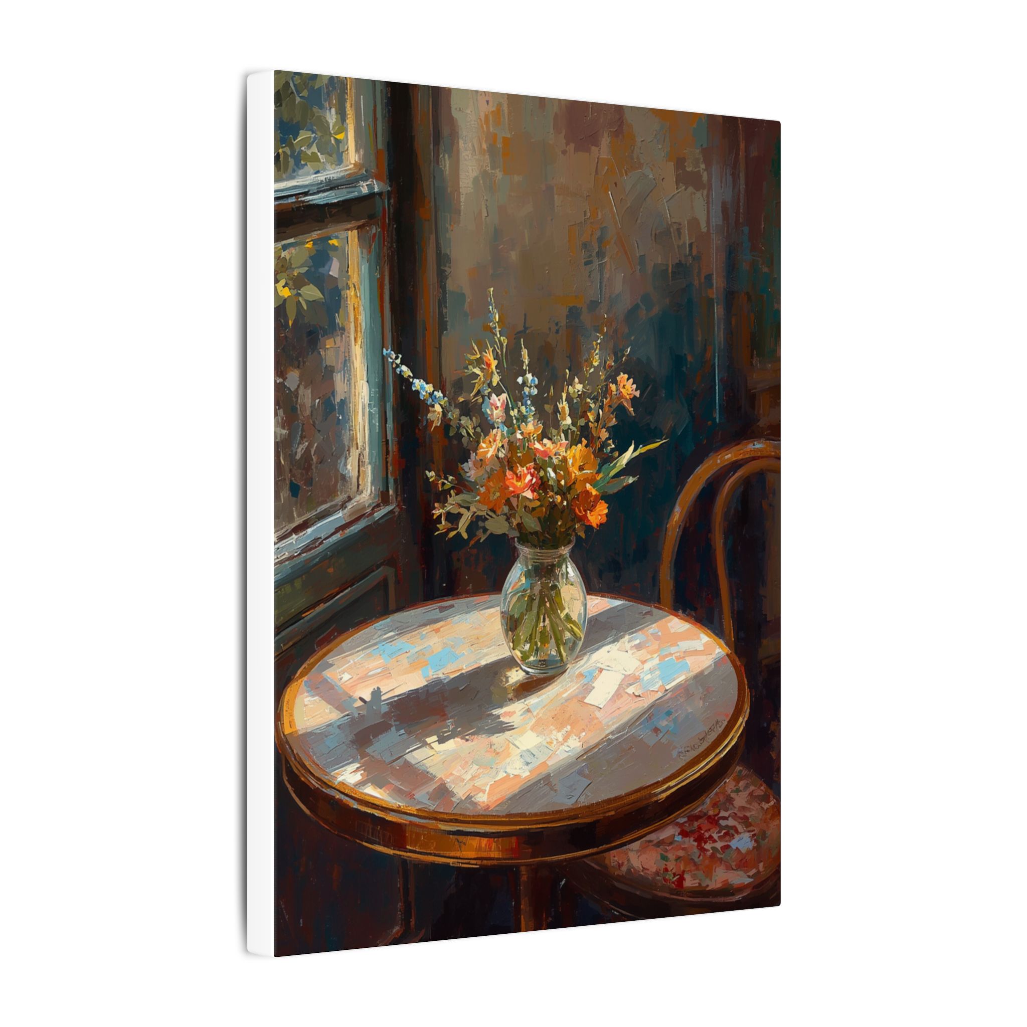 Impressionist wildflower vase on matte canvas
