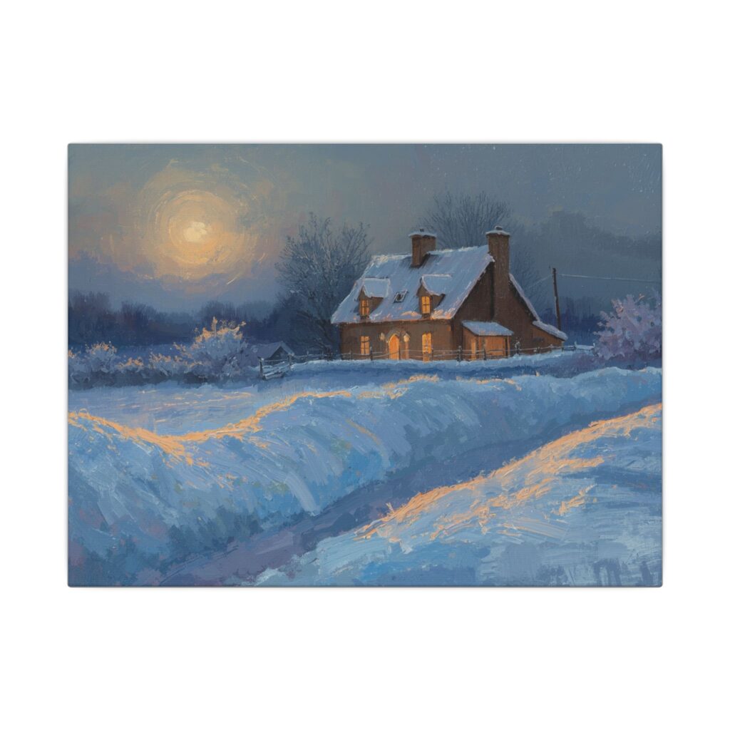 Impressionist, Winter Cottage Moonlight Snowy Landscape, Matte Canvas 12x9"