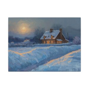 Impressionist, Winter Cottage Moonlight Snowy Landscape, Matte Canvas 12x9"