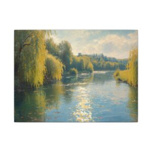 Sunlit willow river landscape canvas artwork
