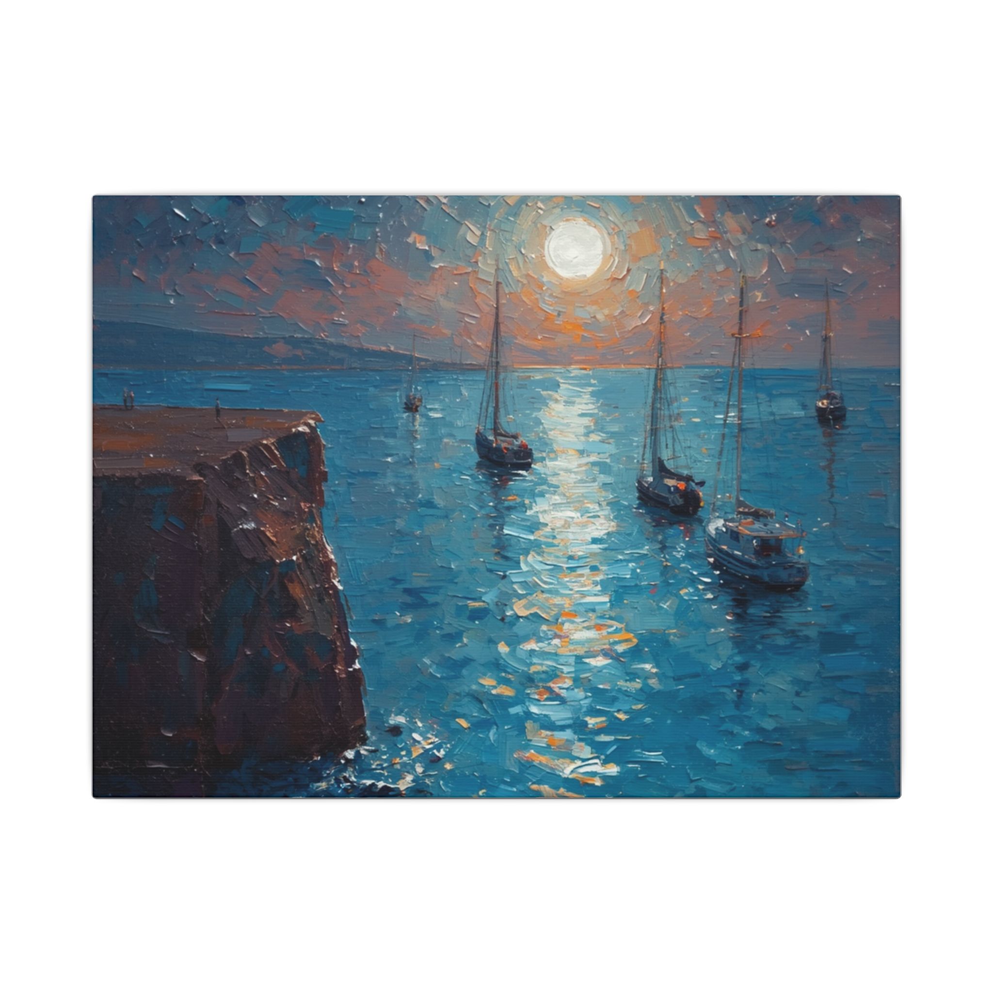 Impressionist, Moonlit Coastal Seascape, Matte Canvas 12x9"