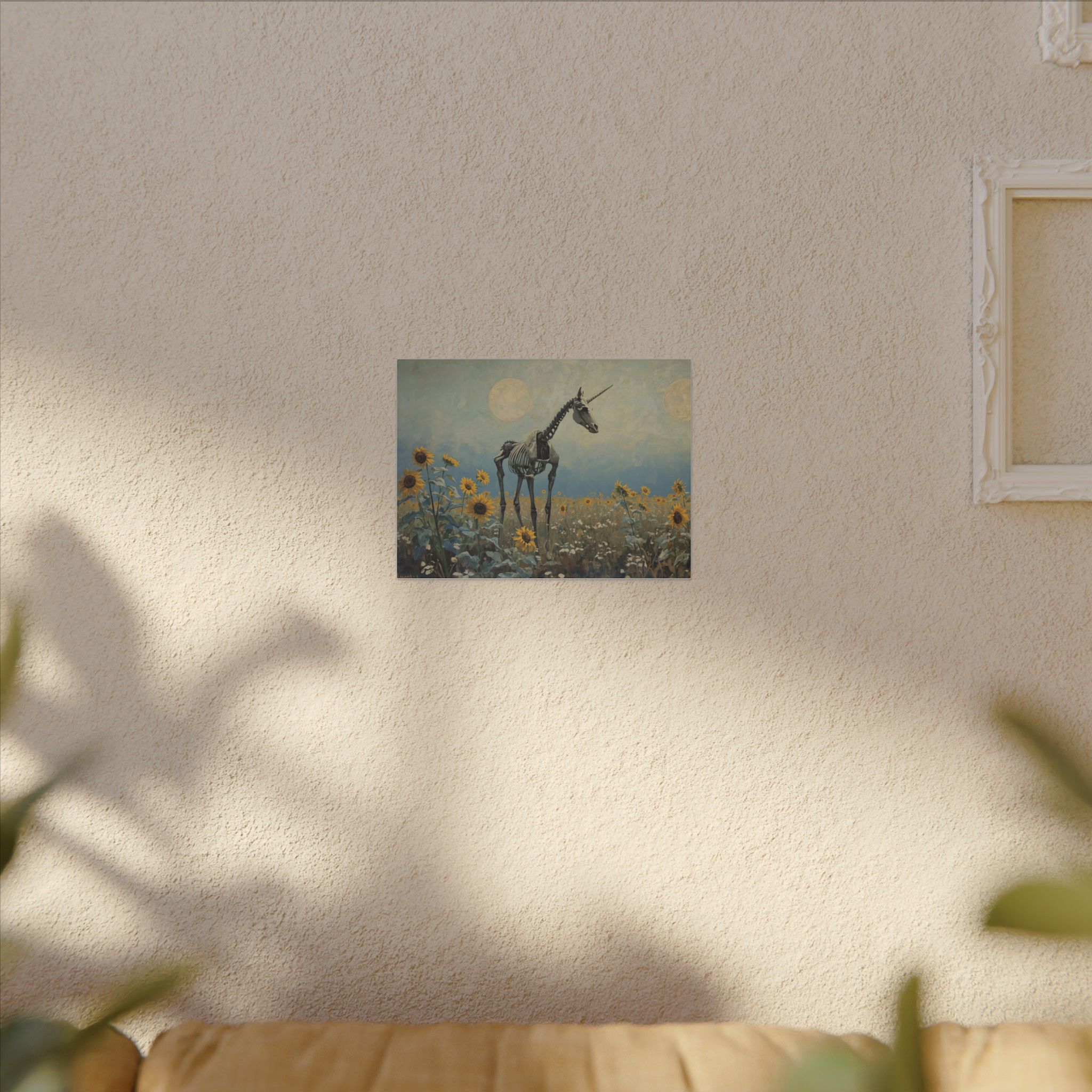 Impressionist, Skeleton Unicorn in Sunflower Field, Matte Canvas 12x9" - Image 3
