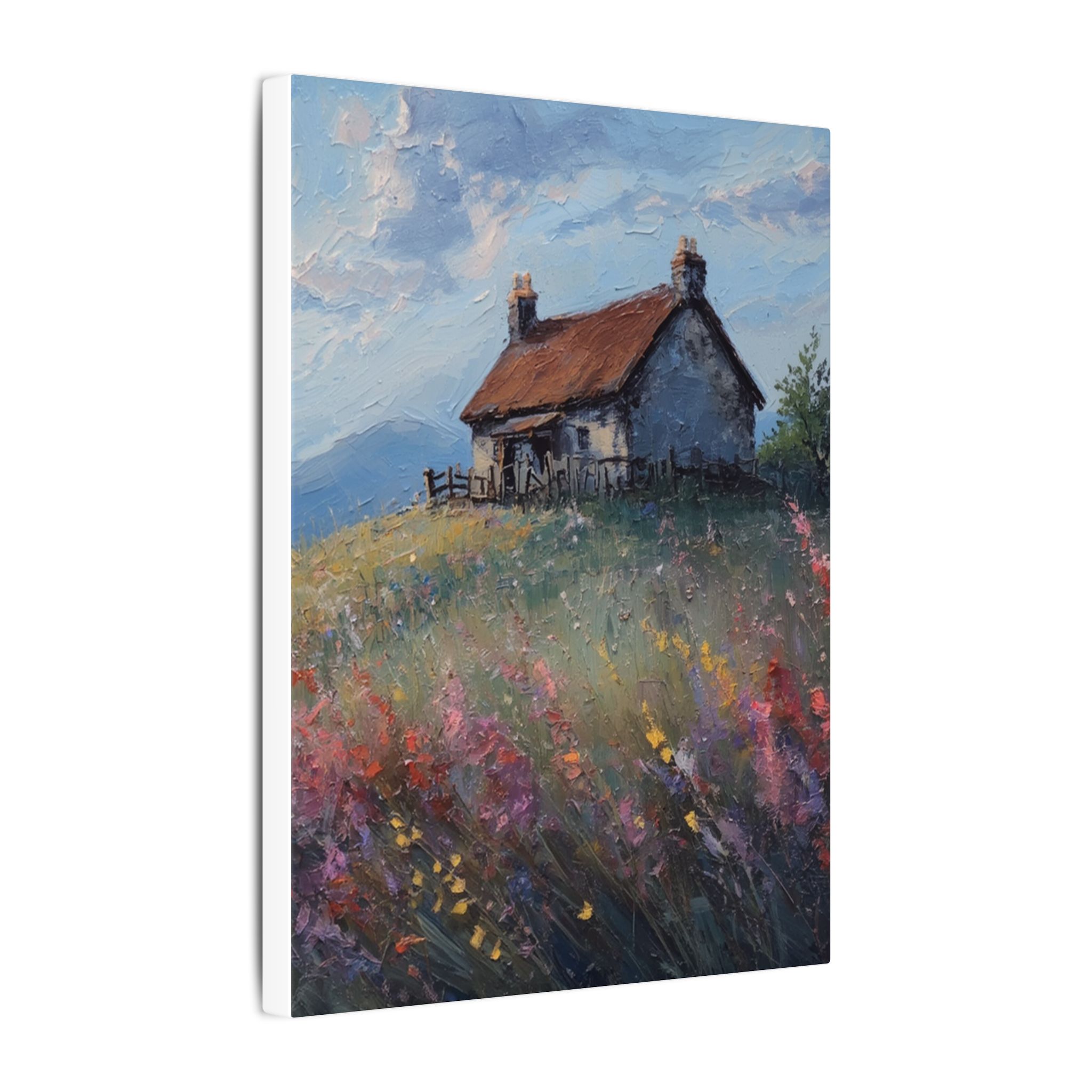 Impressionist cottage and wildflower meadow on matte canvas