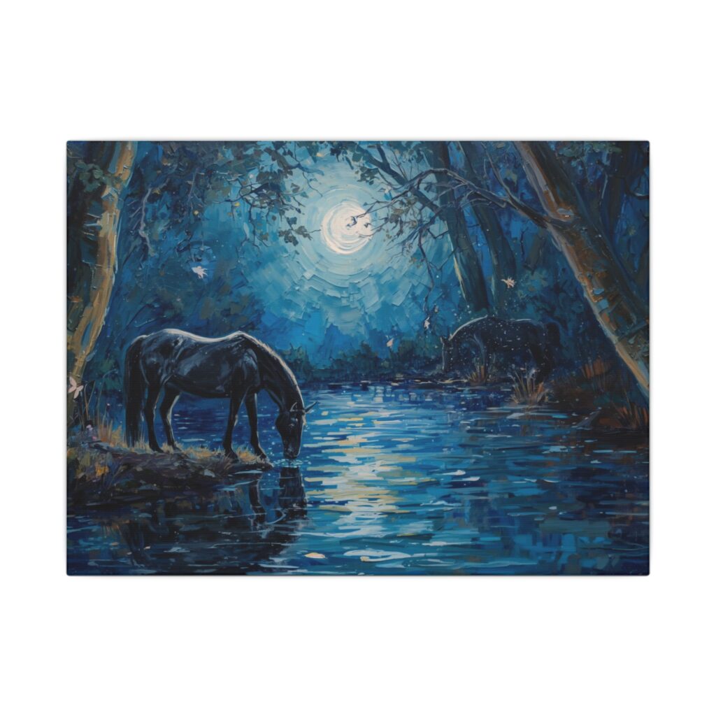 Impressionist, Moonlit Horse by the River, Matte Canvas 12x9"