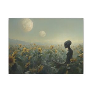 Alien in sunflower field surreal canvas artwork