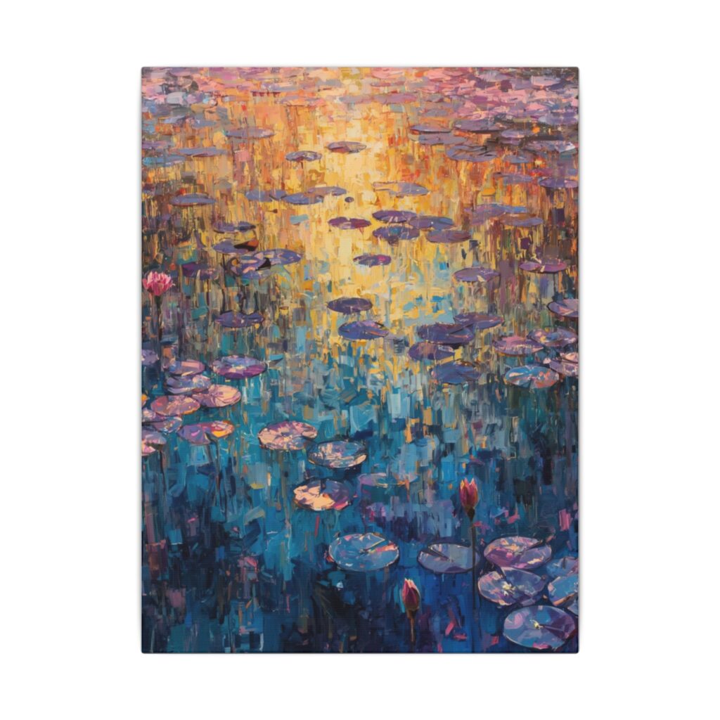 Vertical water lilies pond canvas artwork