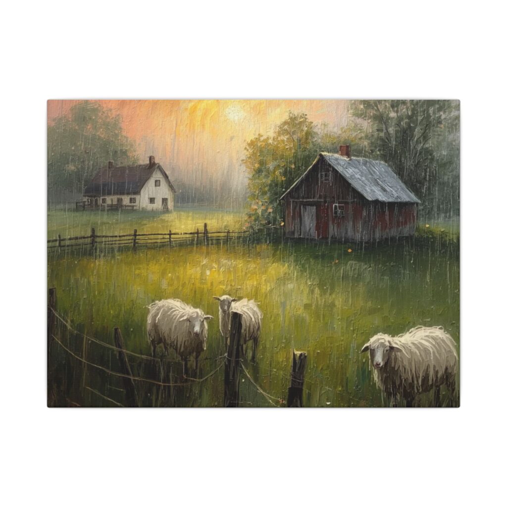 Impressionist, Farmhouse Sheep Pasture Landscape, Matte Canvas 12x9"