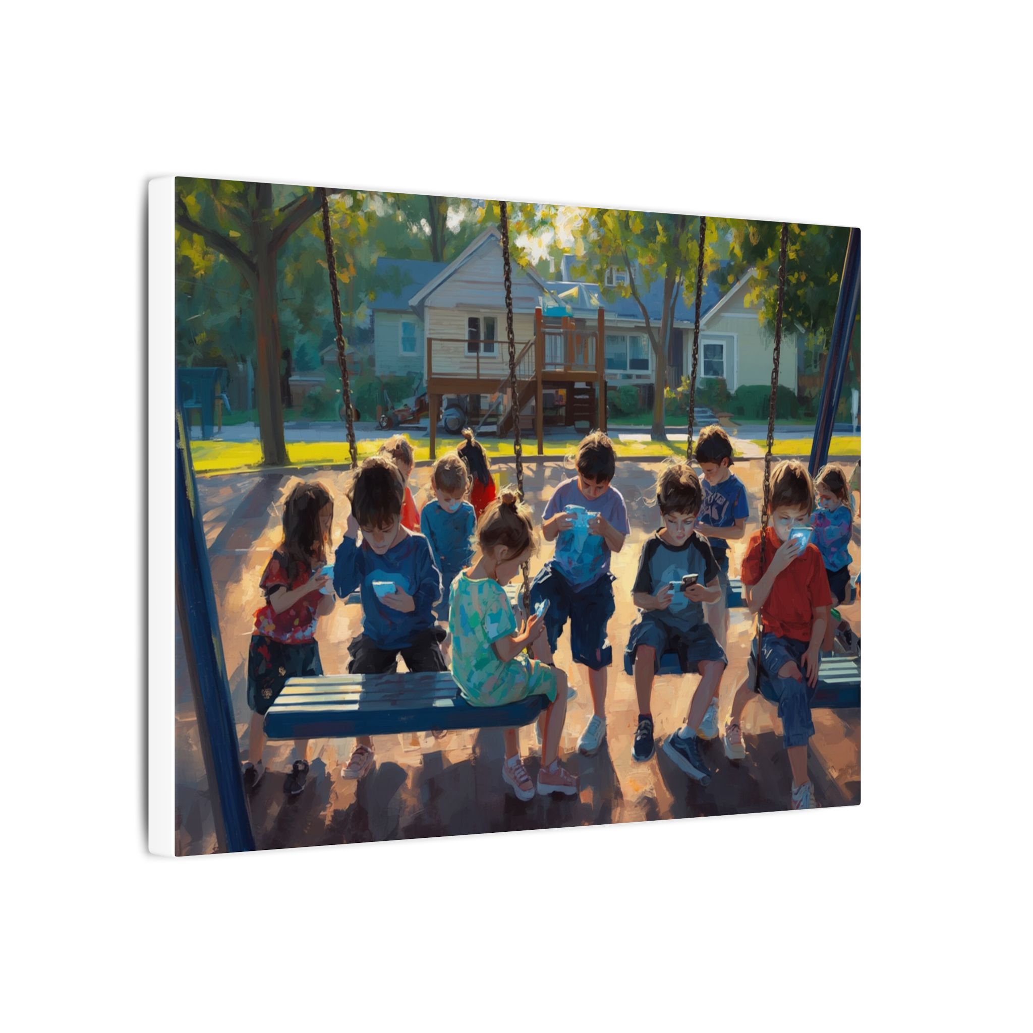 Impressionist children gathered at playground on matte canvas