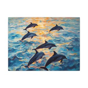 Dolphins at sunset ocean canvas artwork