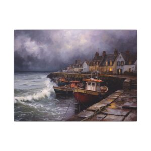 Impressionist, Stormy Coastal Harbor, Matte Canvas 12x9"