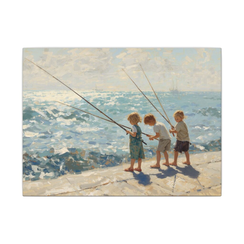 Impressionist, Vintage Seaside Fishing Boys, Matte Canvas 12x9"