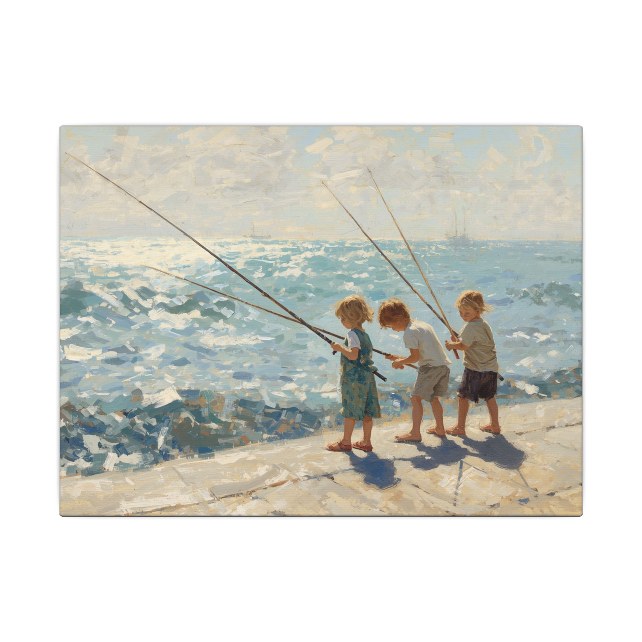 Impressionist, Vintage Seaside Fishing Boys, Matte Canvas 12x9"